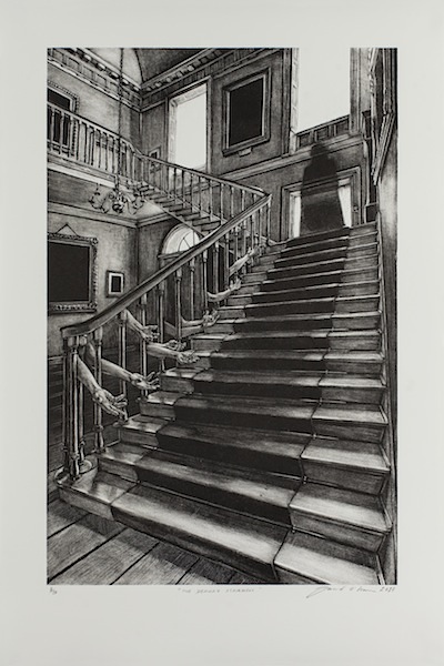 David O´Kane: The Deanry Stairwell, 2017, manière noire lithograph,
motif size 32 x 21.5 cm, paper size 56 x 38 cm, edition 3 of 10
From the series A Modest Proposal. Inspired by Jonathan Swift.

